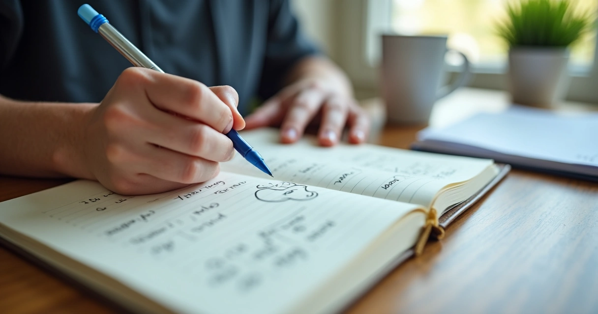Pessoa anotando estratégias de meditação em caderno aberto com caneta azul. 
