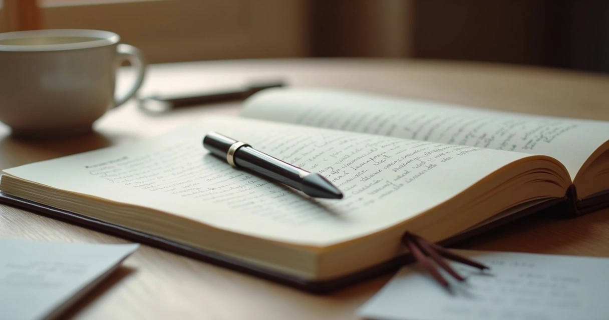 Caderno aberto com anotações de pensamentos e uma caneta ao lado