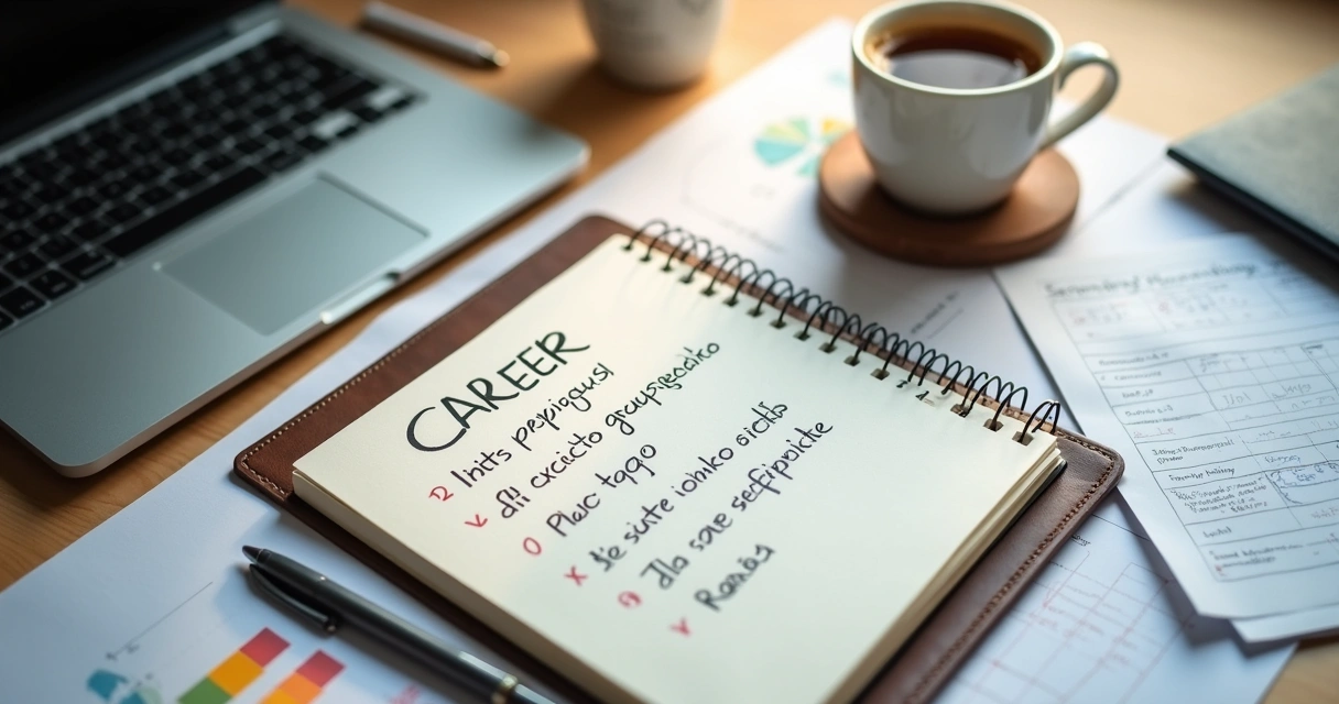 Caderno com checklist de carreira e laptop na mesa