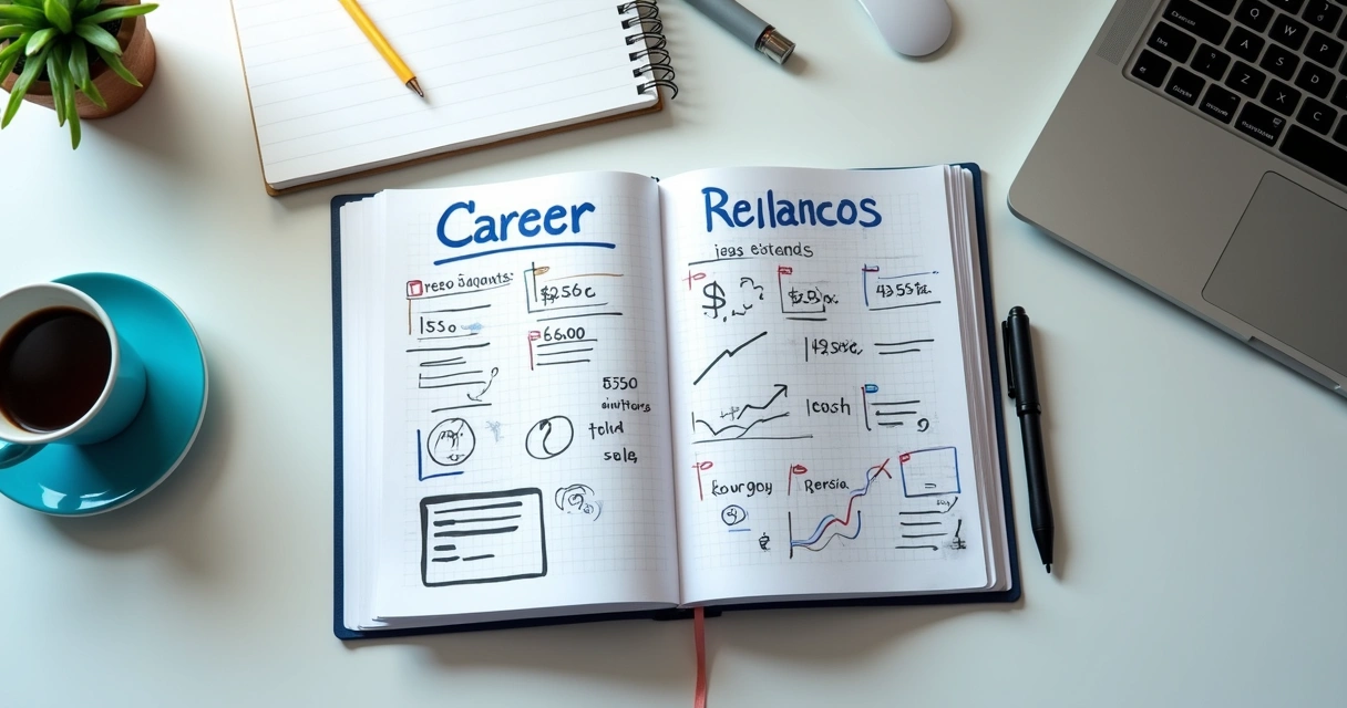 Caderno com metas e resultados profissionais anotados na mesa