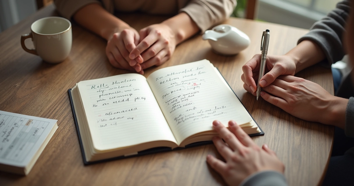 Caderno com anotações de casal e duas mãos sobre a mesa