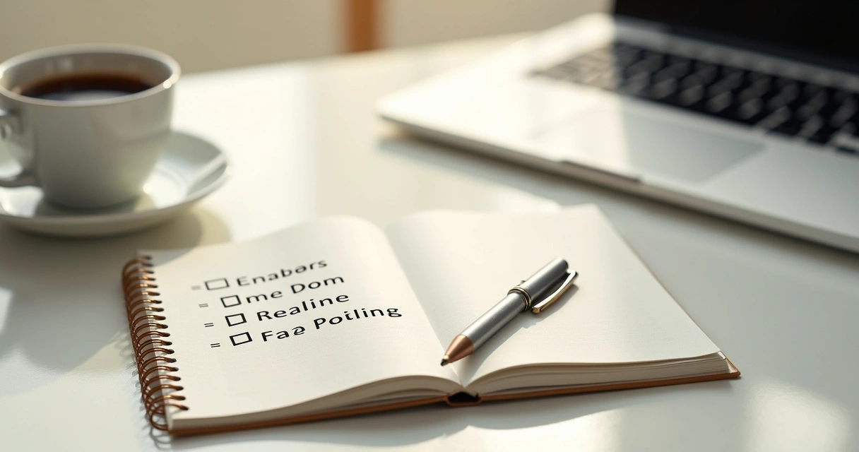 Caderno com perguntas de check-in emocional ao lado de café e laptop