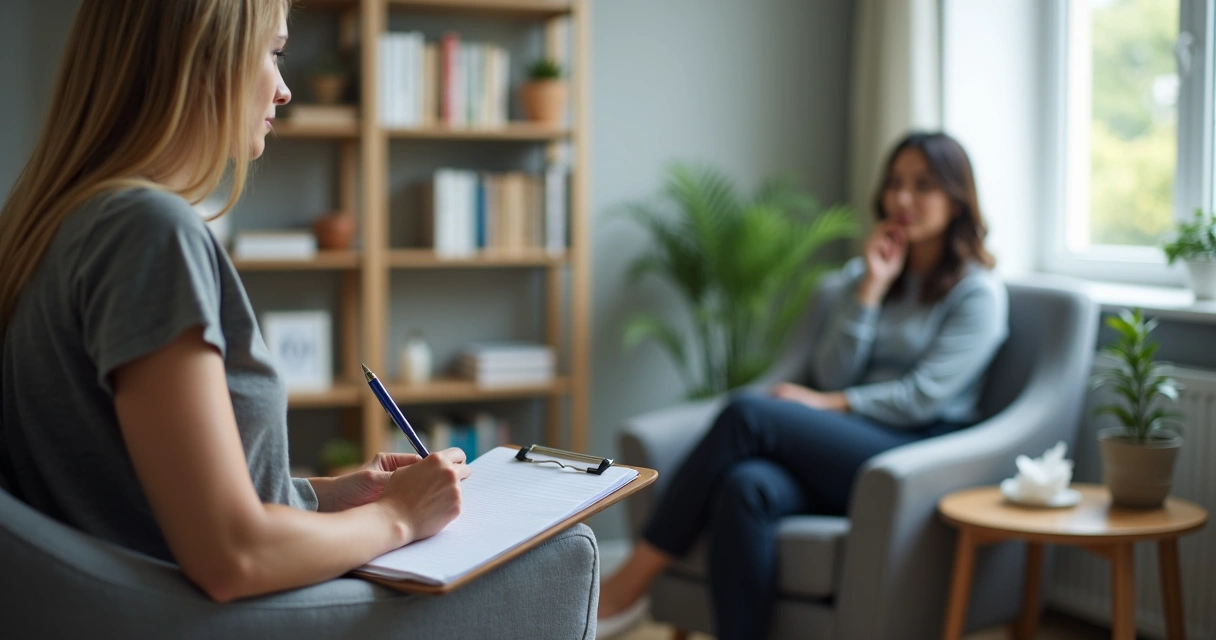 Anotações clínicas ao lado de conversa em consultório