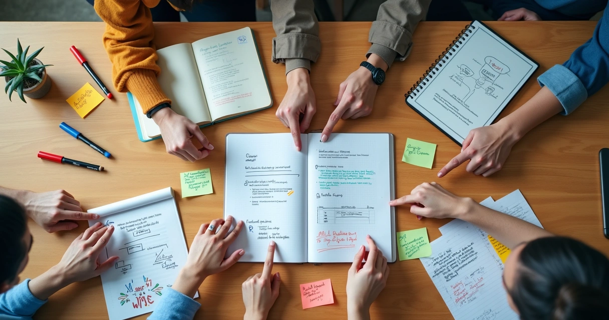 Mãos apontando anotações e post-its em mesa colaborativa