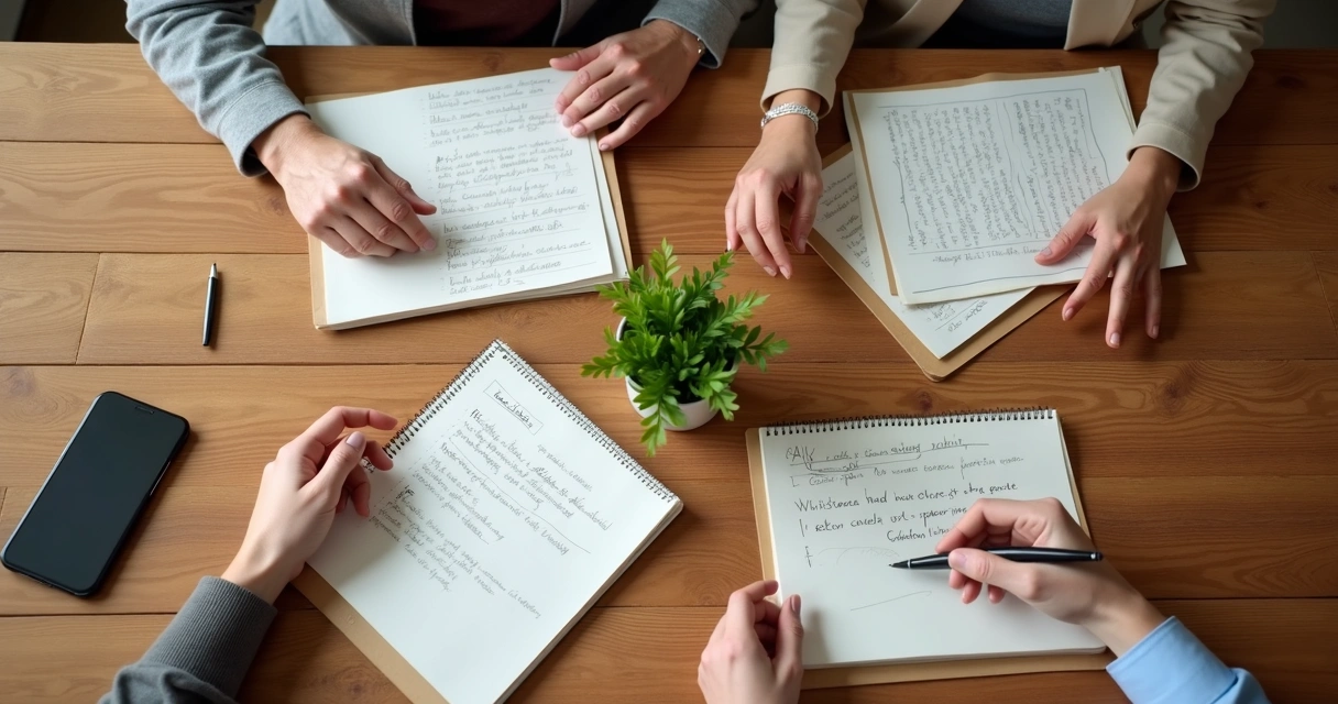 Caderno com anotações ao lado de mãos em reunião