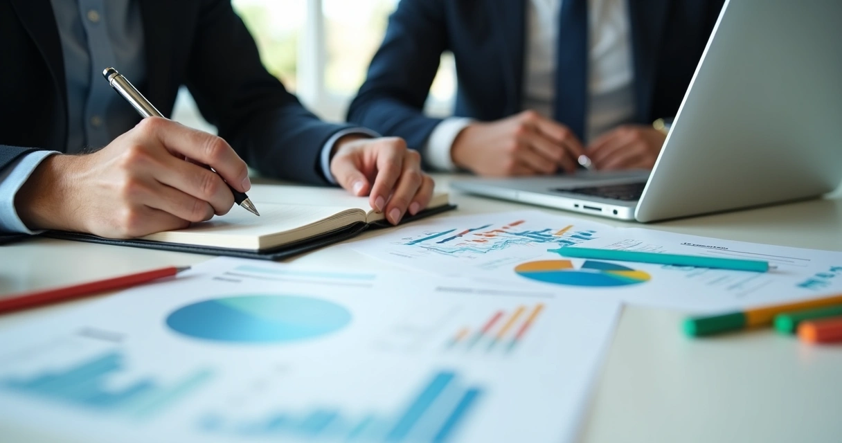 Pessoa fazendo anotações em bloco de notas com laptop sobre mesa de escritório 