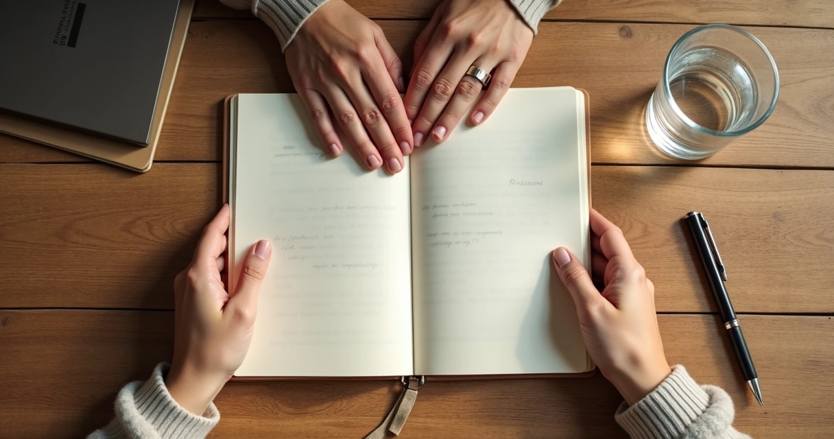 Caderno com anotações e mãos em pausa durante conversa 