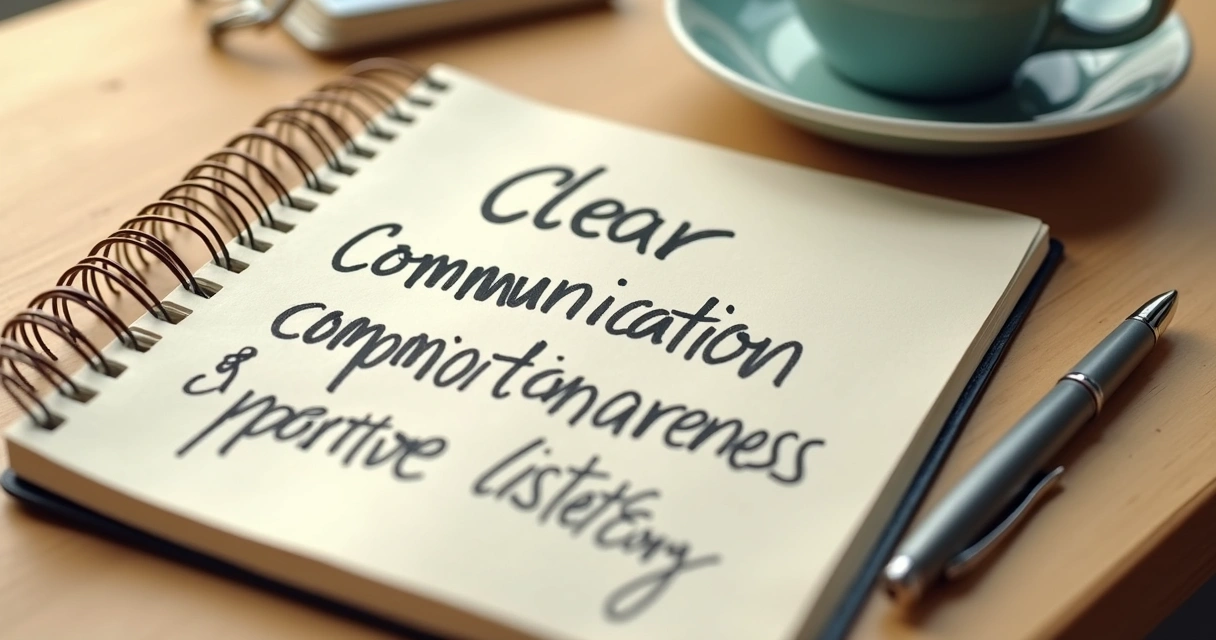 Caderno com anotações sobre comunicação clara e escuta atenta 
