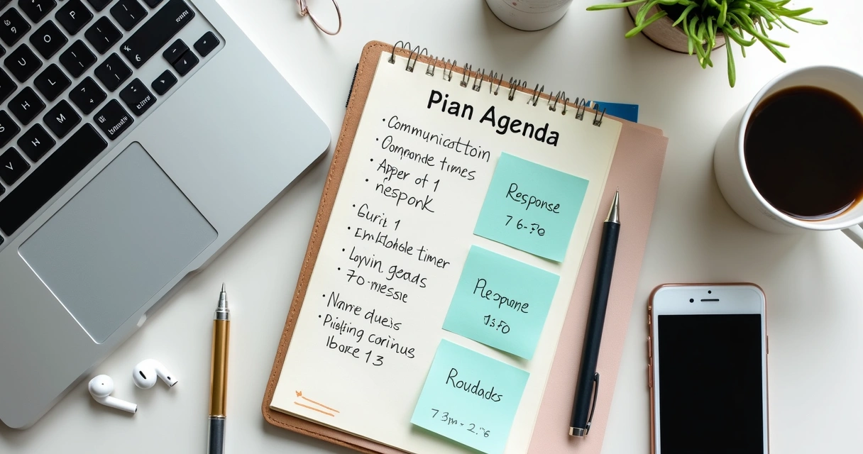 Anotações de comunicação em mesa com laptop e agenda
