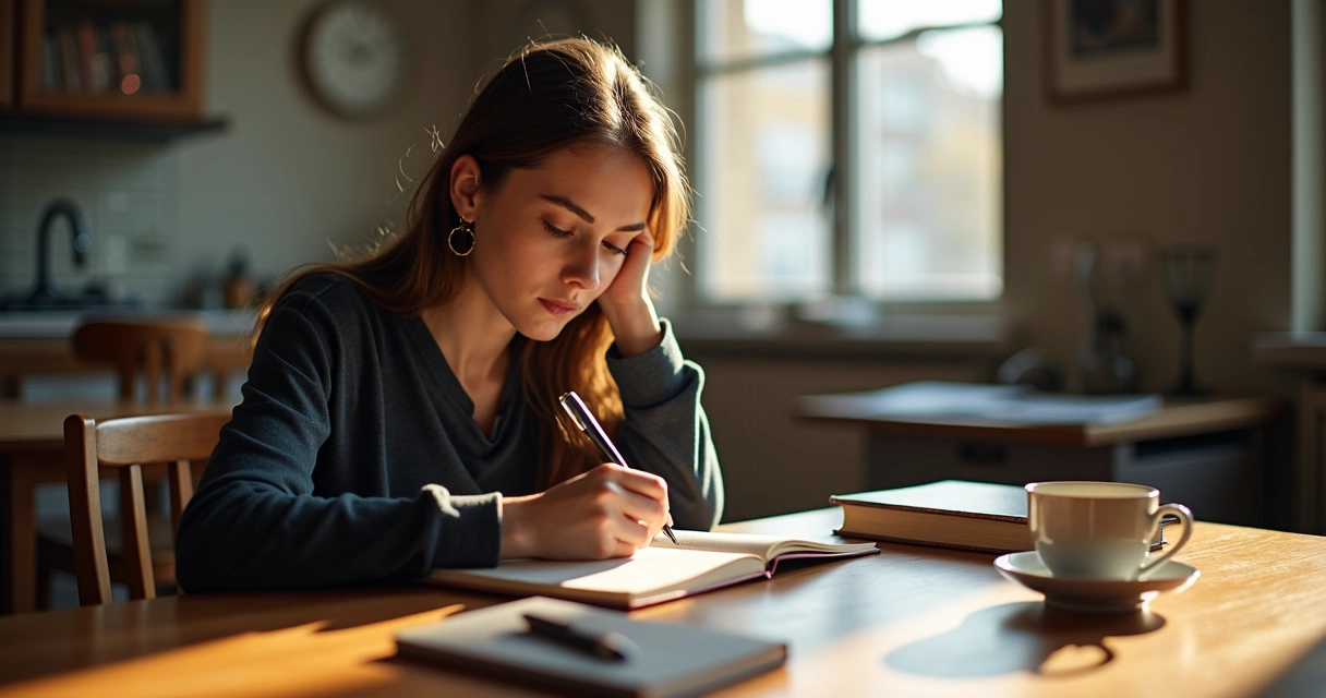 Pessoa sentada com caderno, anotando reflexões em ambiente tranquilo