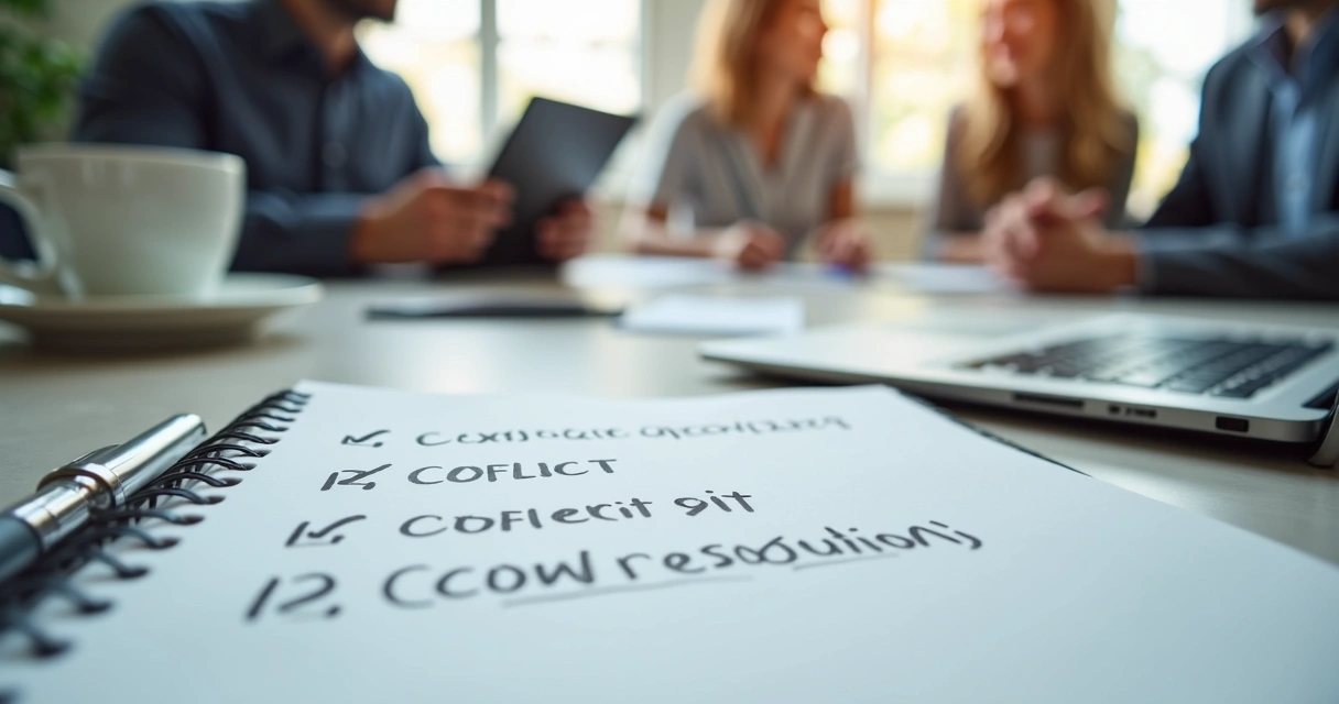 Bloco de notas com etapas para resolver conflitos em equipe