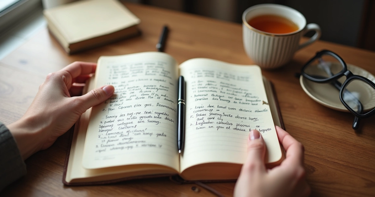 Caderno com anotações emocionais e mãos em reflexão 