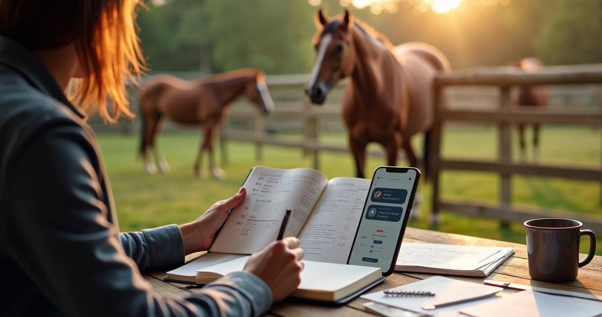 Pessoa anotando dados de cavalo em caderno e aplicativos digitais 