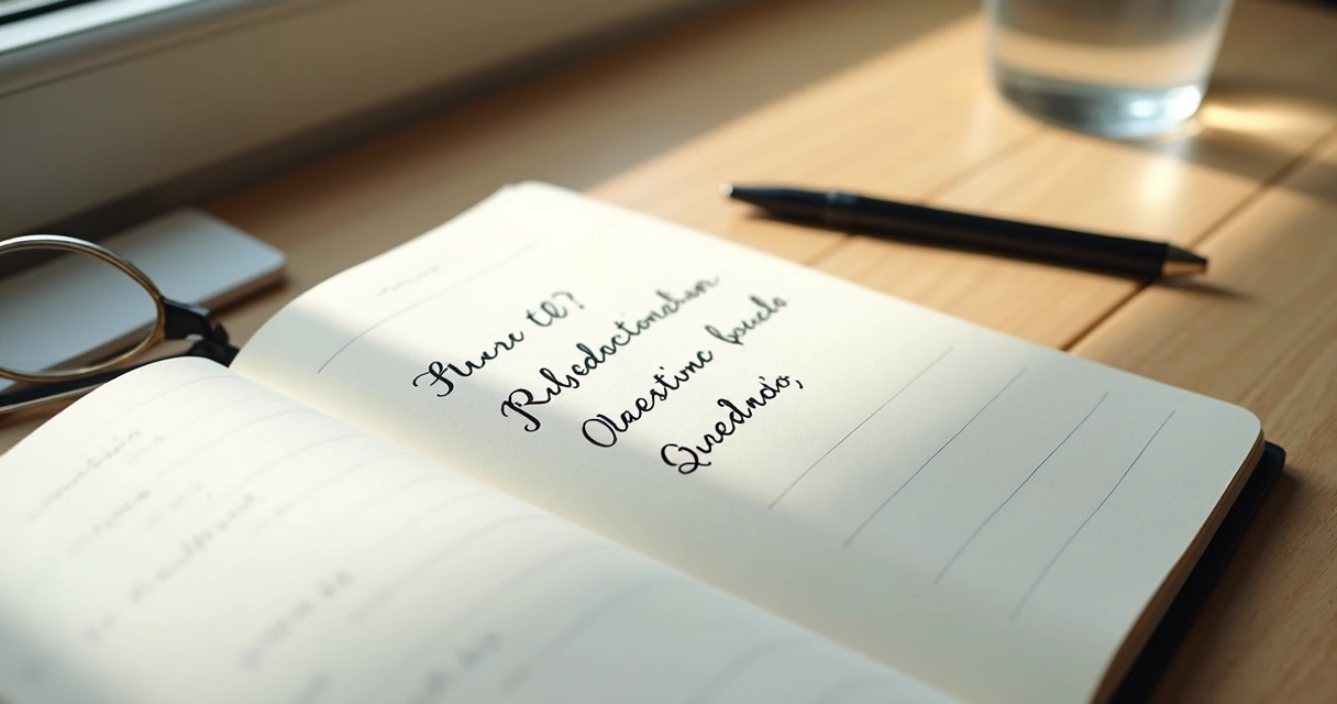Caderno com perguntas e caneta sobre mesa clara 