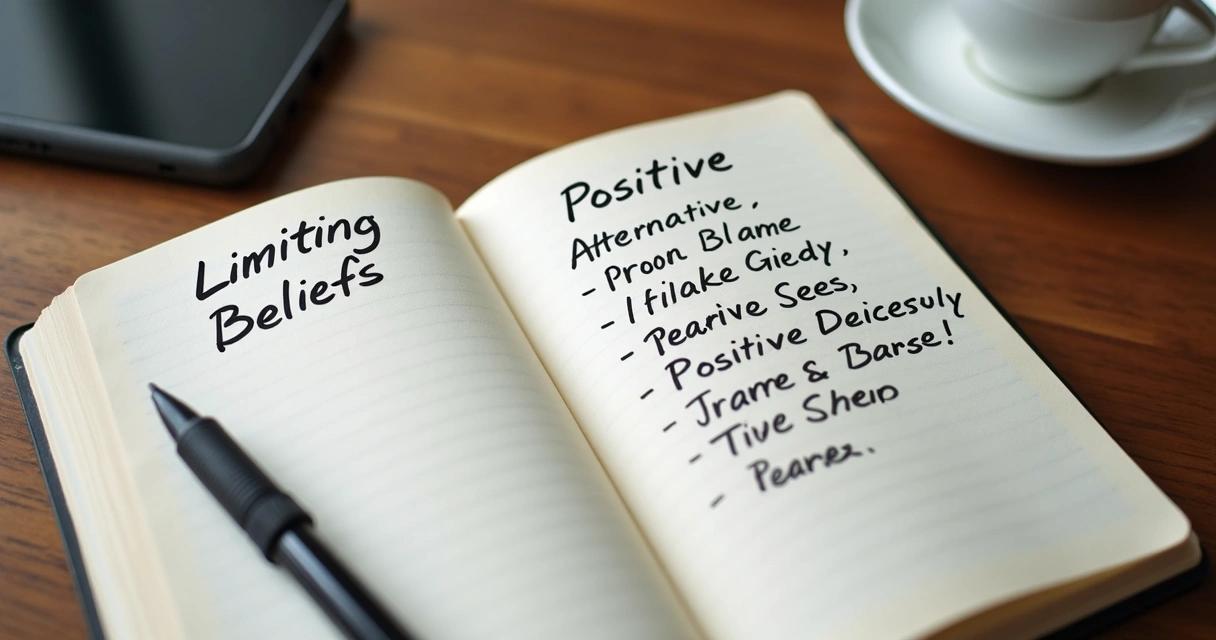 Caderno aberto com anotação de crenças limitantes e frases de mudança 