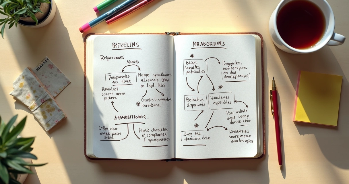 Caderno com anotações de crenças e setas coloridas sobre mesa clara
