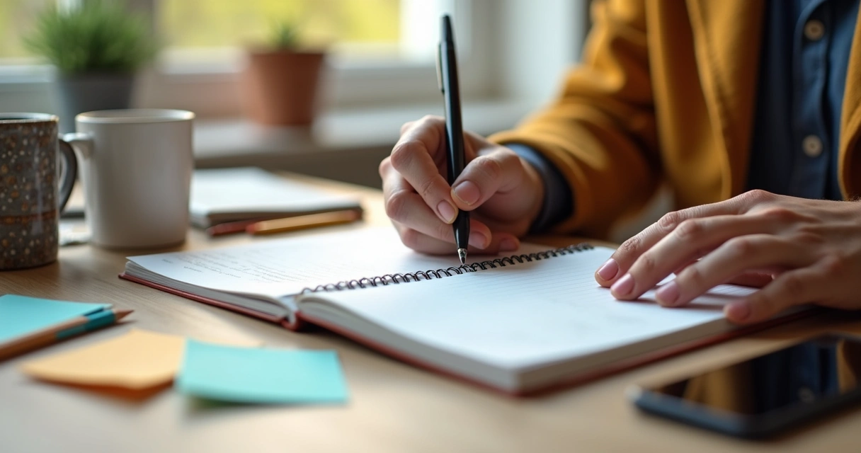 Pessoa escrevendo ideias em caderno durante pausa criativa 