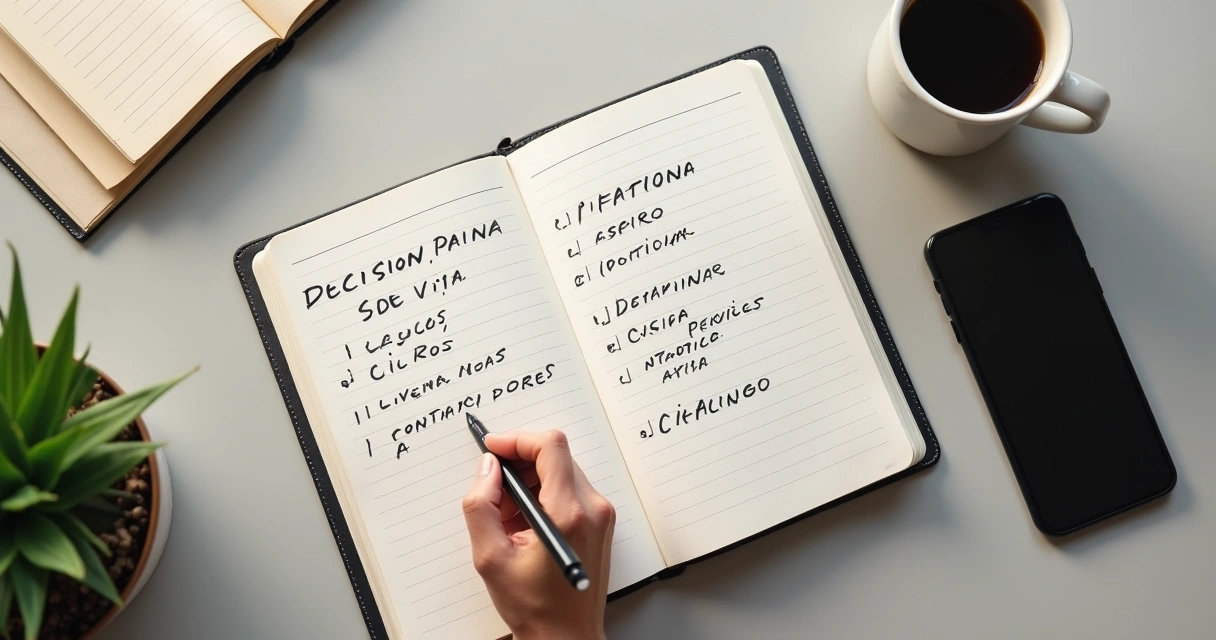 Caderno com critérios de decisão e mão anotando prioridades 
