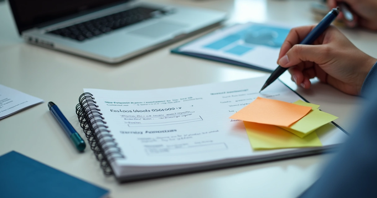 Caderno com critérios de avaliação em mesa de trabalho 