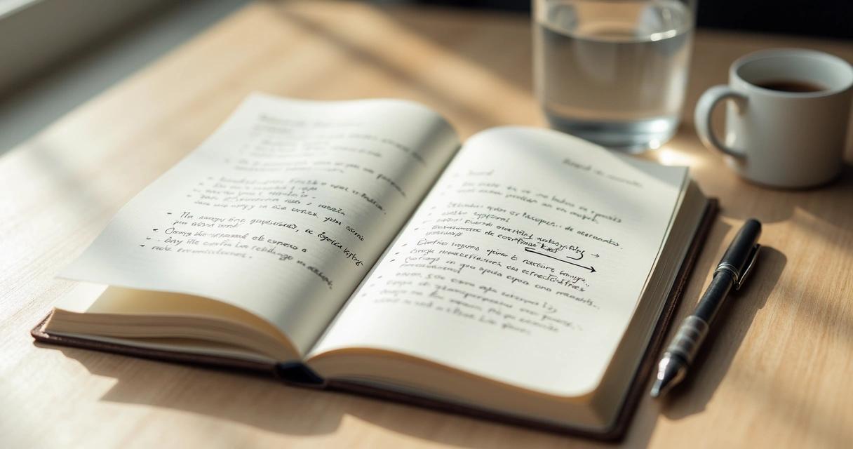 Caderno com anotações sobre emoções e crítica em uma mesa clara 