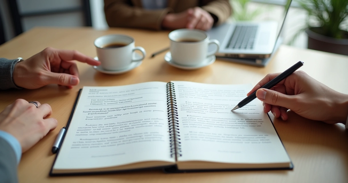 Caderno com acordos de conversa e caneta sobre a mesa