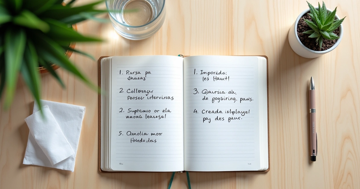 Caderno com frases curtas de apoio e copo de água