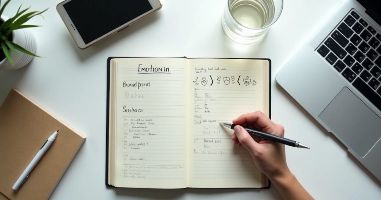 Caderno com anotações de emoções ao lado de laptop no trabalho