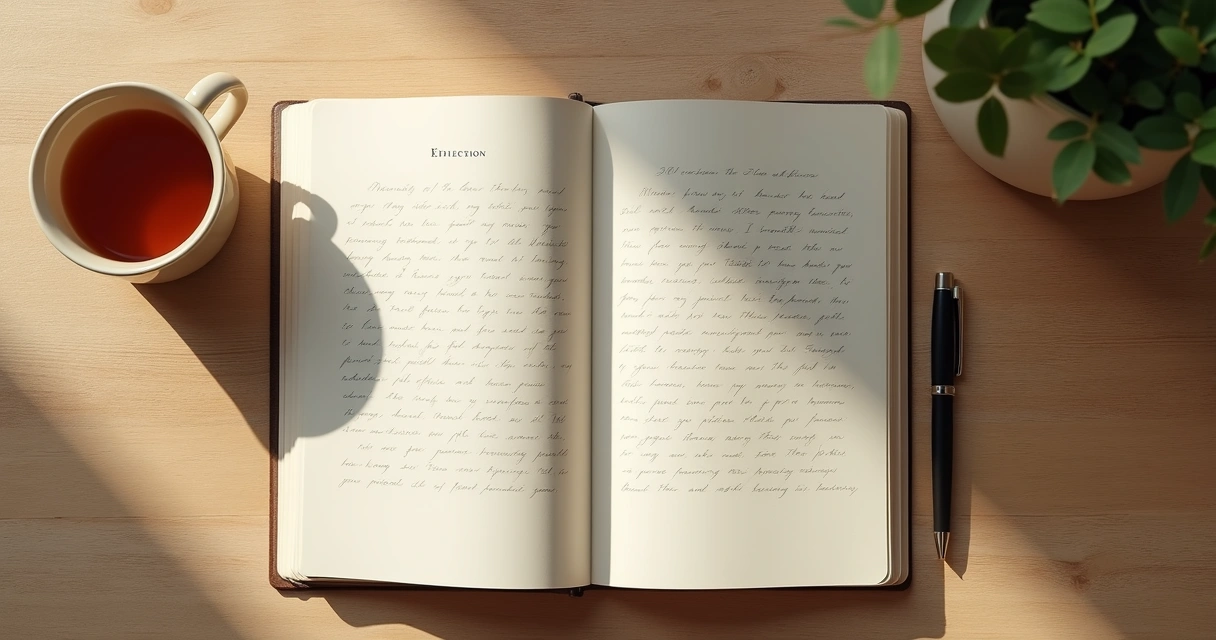 Caderno com anotações de autorreflexão ao lado de uma xícara