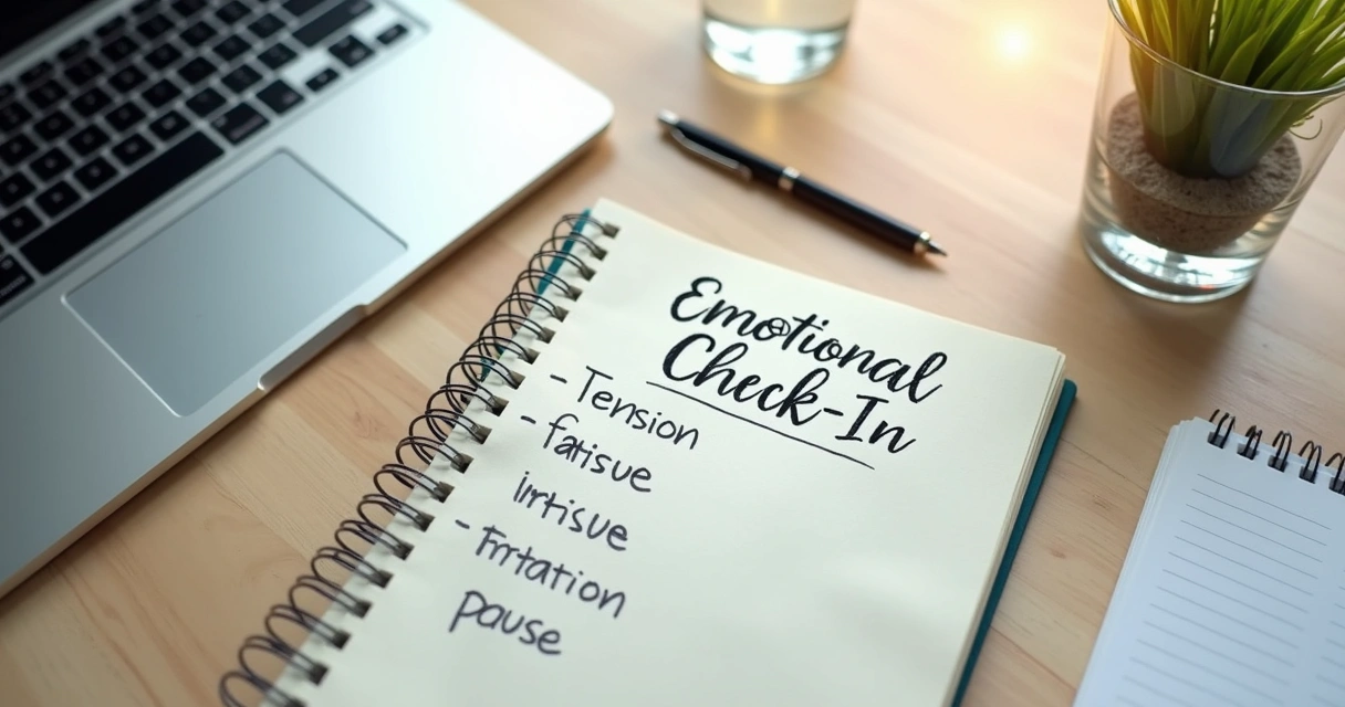 Caderno com anotações emocionais ao lado de laptop no ambiente de trabalho