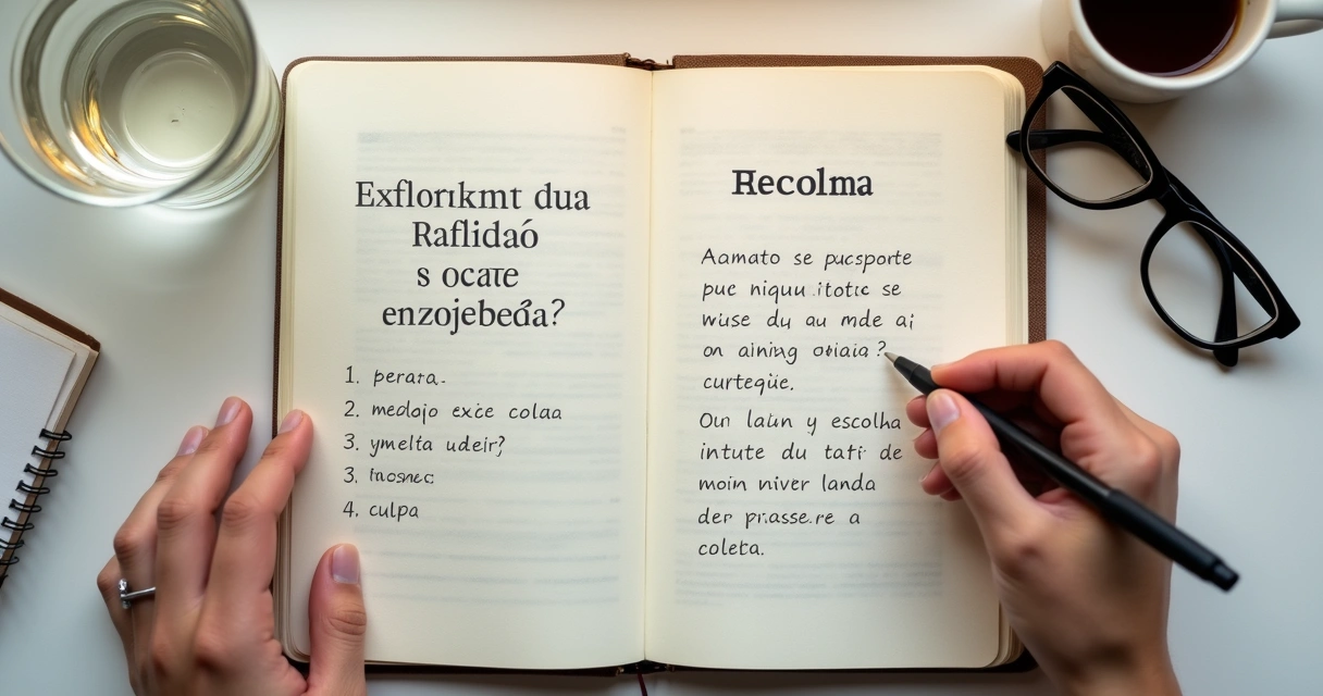 Caderno com perguntas de reflexão e mão escrevendo respostas
