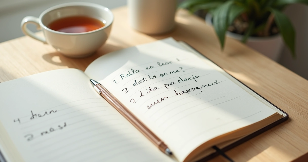 Caderno com anotações emocionais e xícara sobre mesa clara