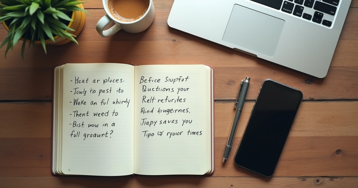 Caderno com perguntas de reflexão ao lado de café e computador