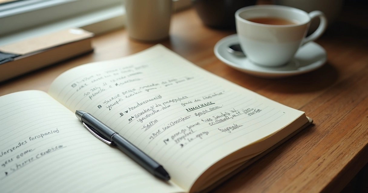 Caderno com anotações de feedback e reflexão pessoal 