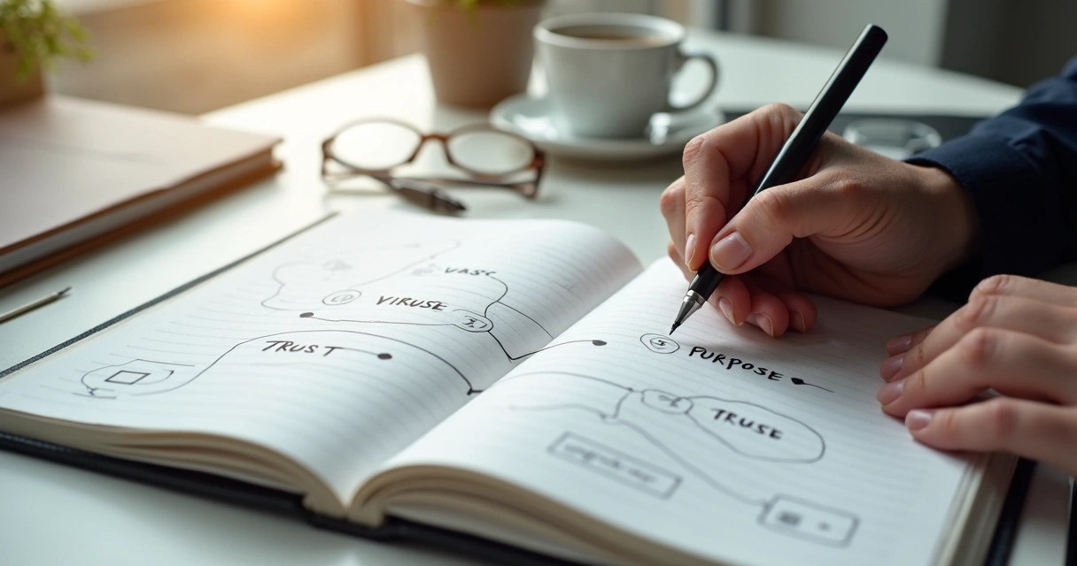 Anotações de valores e propósito em caderno