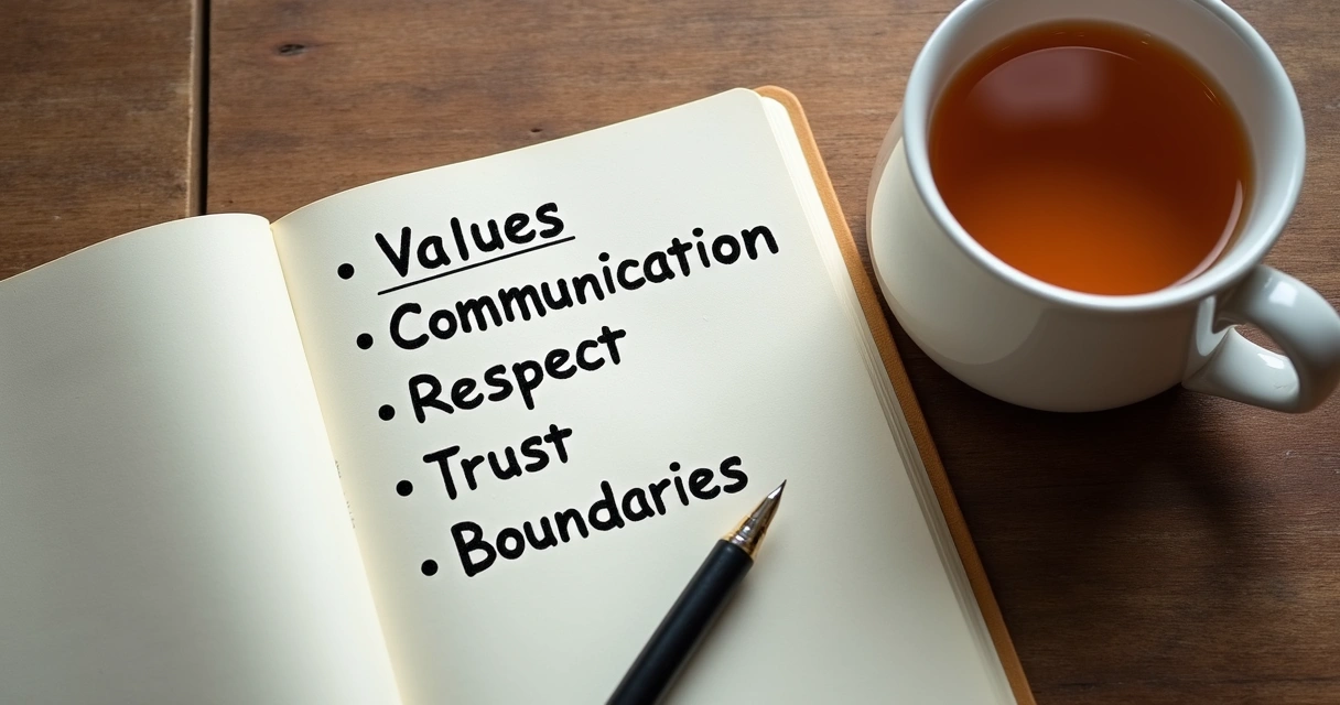 Caderno com anotações sobre valores e comunicação 