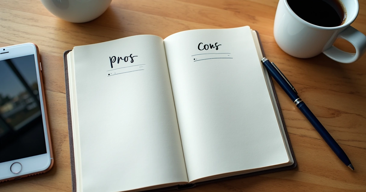 Caderno com prós e contras ao lado de café e celular
