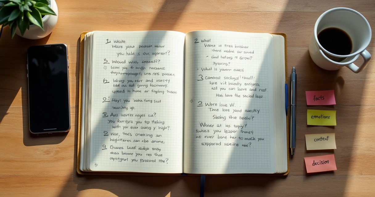 Caderno com perguntas e café sobre mesa de trabalho