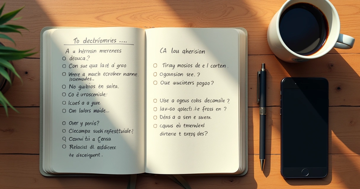Caderno com perguntas de decisão e xícara de café sobre a mesa 