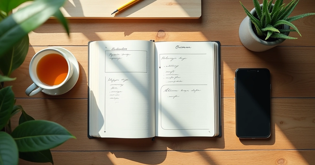 Caderno com opções e xícara em momento de reflexão