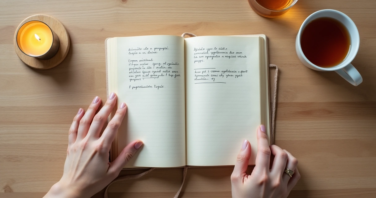 Caderno com anotações ao lado de vela e mãos em pausa reflexiva