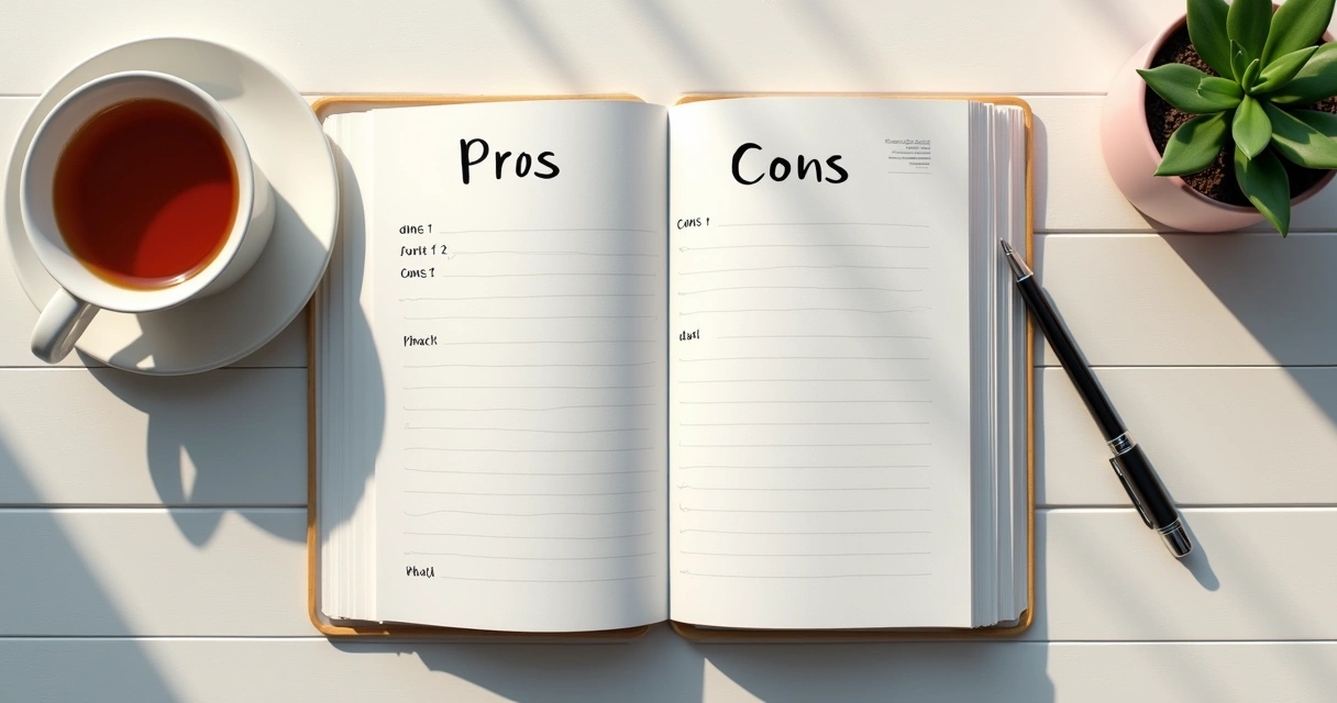 Caderno com anotações e lista de decisão sobre uma mesa clara