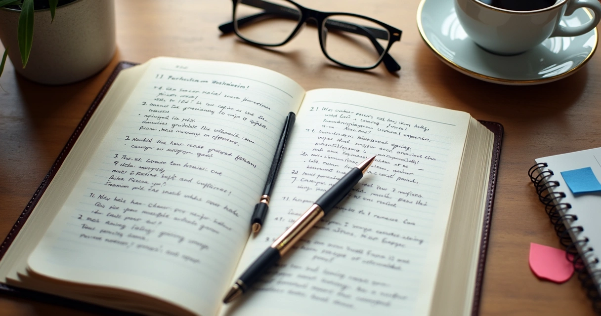 Caderno com anotações de decisão consciente e perguntas de reflexão
