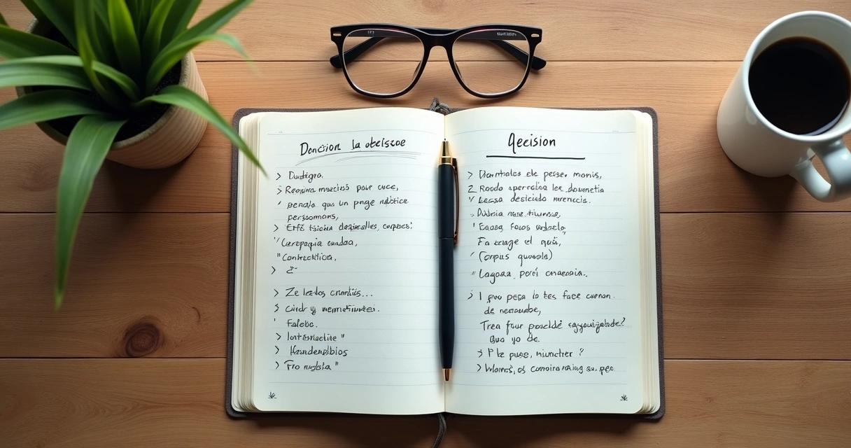 Caderno com anotações de decisão ao lado de café e óculos