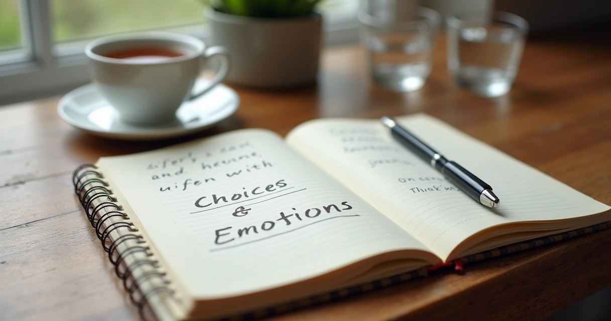 Caderno com anotações sobre decisão e reflexão emocional 