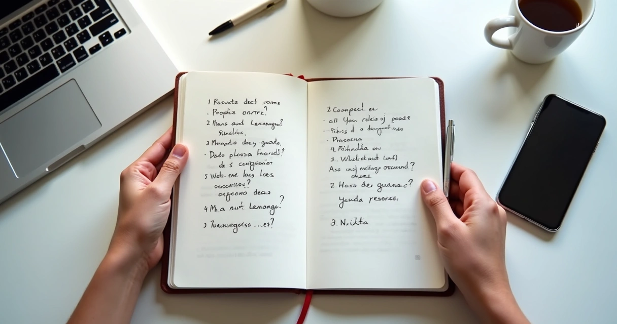 Caderno com perguntas internas sobre mesa de escritório