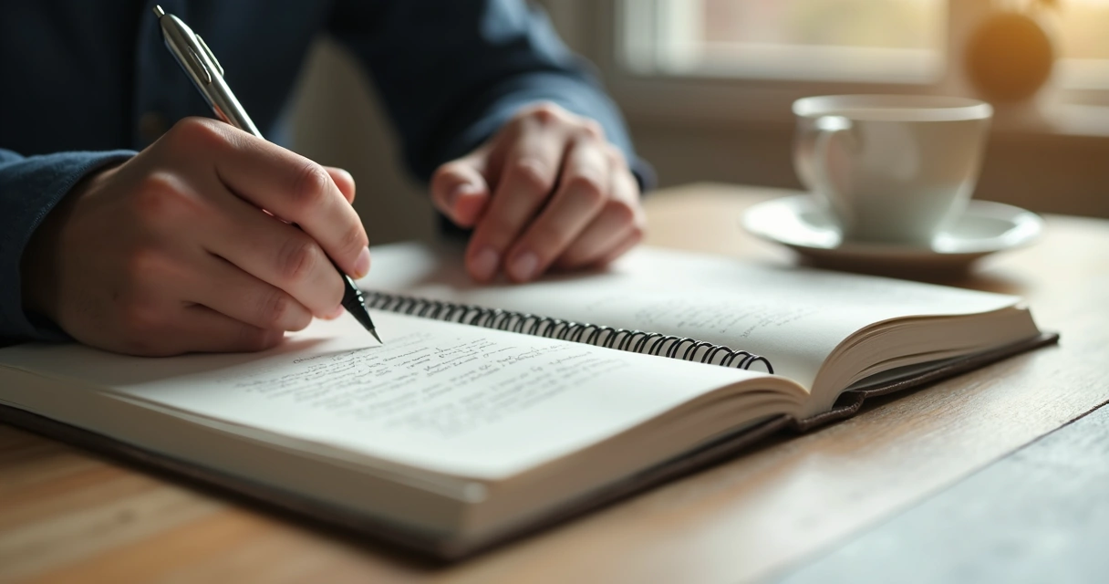 Caderno com anotações e mãos em pausa reflexiva