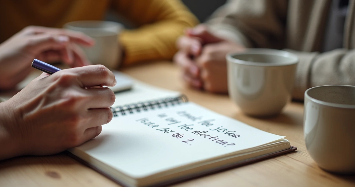Caderno com perguntas ao lado de xícaras e mãos em conversa 