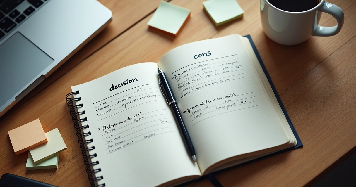 Caderno com prós e contras ao lado de café e laptop 