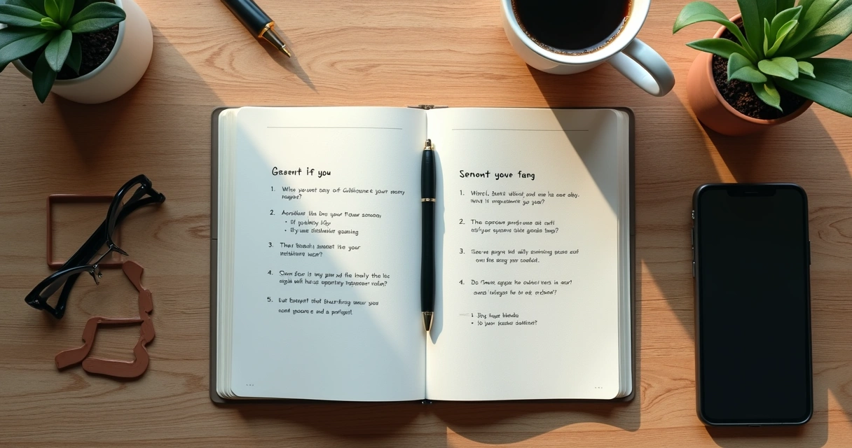 Caderno com perguntas de decisão ao lado de café 