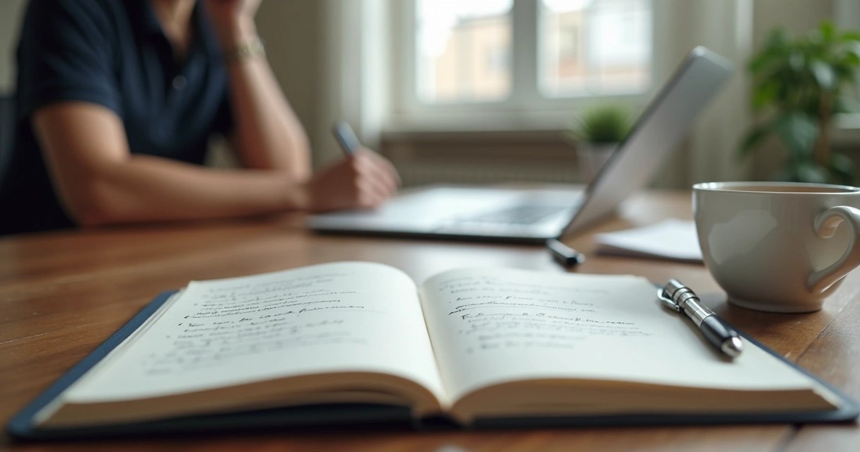 Caderno com anotações, café e pessoa refletindo sobre decisões 